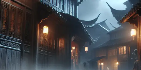 A pair of ornate embroidered shoes on a cobblestone path in a misty, eerie 1930s Jiangnan town.