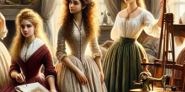 The March sisters—Jo, Meg, Beth, and Amy—gather in a cozy parlor, embodying sisterly love and resilience.