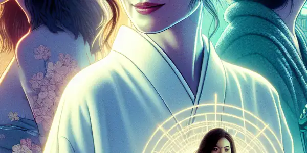 A cinematic poster featuring actress Haruka Ayase in three scenes: emotional seaside, tense urban mystery, and whimsical futuristic romance.