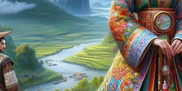 A romantic scene of Ashima and Ahei on a hillside in Yunnan, surrounded by wildflowers and mountains.