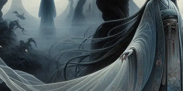 A ghostly woman in traditional attire stands in a misty moonlit landscape, evoking haunting romance and melancholy.