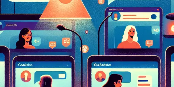 A cozy virtual chat room with diverse characters communicating safely through text, voice, and video.