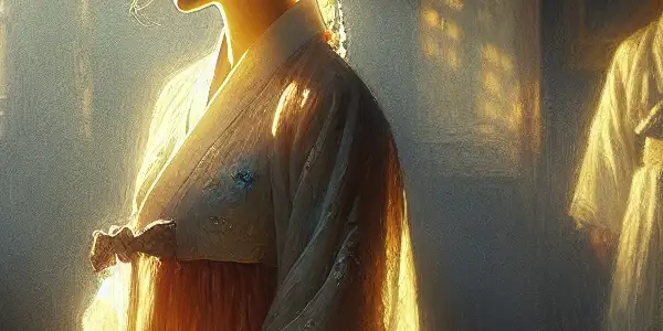 A middle-aged woman in an intimate room expresses longing, with a blurred younger man symbolizing desire and conflict.