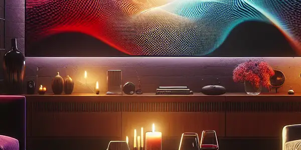 A cozy living room with a large TV, plush furniture, and warm lighting, emphasizing comfort and privacy.