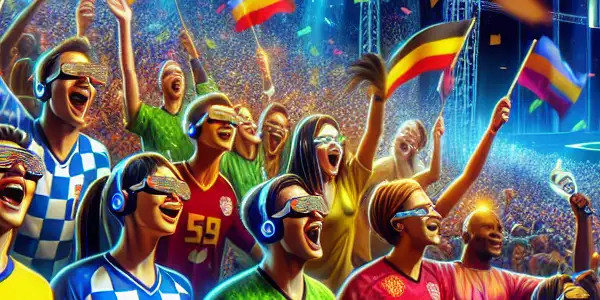 A lively scene of diverse soccer fans celebrating in a stadium, with a futuristic virtual reality concert in the background.<a href=