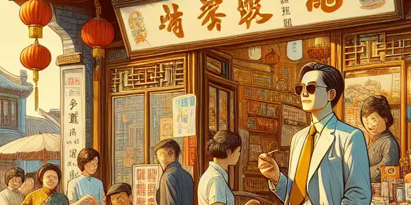 A bustling 1980s Chinese street scene with a lively storefront, featuring humorous mishaps and traditional architecture.