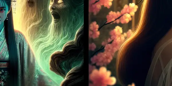 A split scene featuring Tong Ling: one side captures supernatural horror from "Erotic Ghost Stories," the other a romantic moment from "The Perfect Lover."