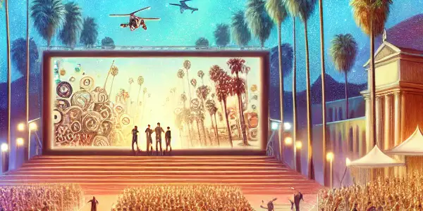 A lively outdoor film festival scene with diverse moviegoers, a large screen, palm trees, and a gondola.