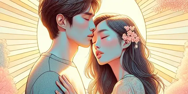 A young couple embraces in a sunlit park, surrounded by blooming cherry blossoms, reflecting joy and subtle sadness.