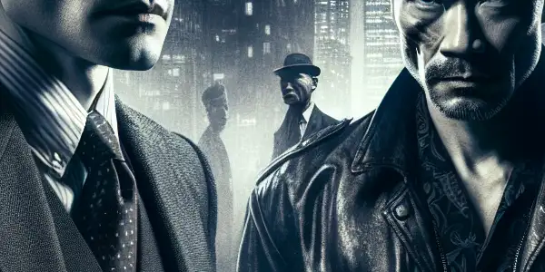 A tense confrontation between a determined prosecutor and a menacing gang leader in a dimly lit urban setting.