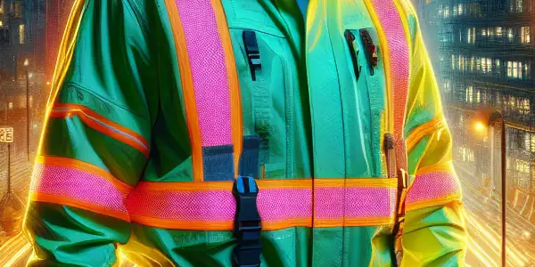 A construction worker in a high-visibility suit stands amidst machinery at dusk, emphasizing safety in a hazardous environment.