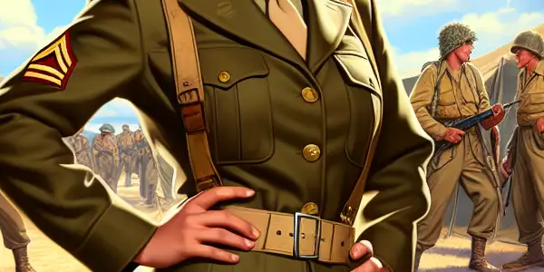 A confident female soldier in a vibrant military camp, engaged in playful camaraderie with her comrades.