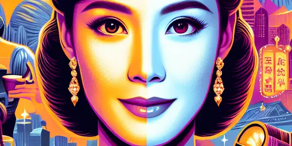 A cinematic poster showcasing Ye Yuqing's evolution from glamorous drama to playful comedy in Hong Kong cinema.