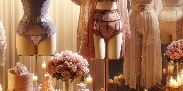 A luxurious lingerie boutique with elegant displays, a stylish shopper, and a warm, inviting atmosphere.
