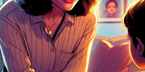 A young woman engages with a curious child in a warm, cozy living room, symbolizing family connection and care.