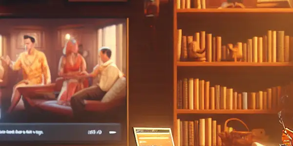 A cozy living room with a person watching classic films, surrounded by comfort items and vintage film memorabilia.