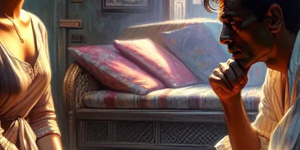 A tense yet intimate moment between a young woman and her brother-in-law in a warmly lit living room.