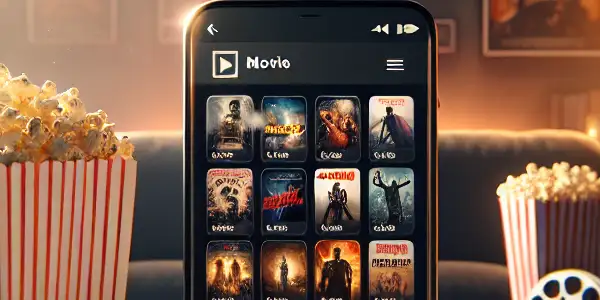 A smartphone displaying a movie app surrounded by popcorn, a film reel, and 3D glasses in a cozy theater setting.<a href=
