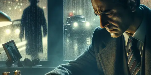 A detective analyzes clues in a dimly lit room, surrounded by shadows and a rainy night outside.