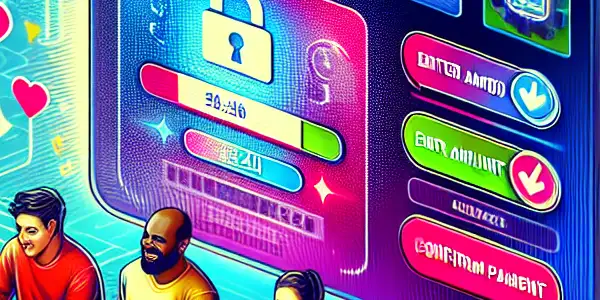 A vibrant digital scene showcasing young adults joyfully navigating a secure online recharge process for gaming and entertainment.