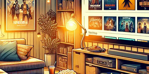 A cozy living room with a sofa, large TV, popcorn, and friends enjoying a movie night together.