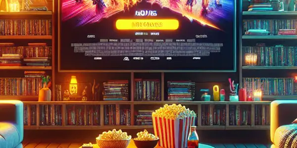 Cozy living room with a large TV, colorful cushions, popcorn, and a relaxed cat, celebrating movie night.