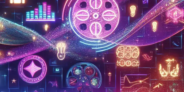 A vibrant digital landscape showcasing a diverse adult community discussing films amidst neon lights and abstract visuals.