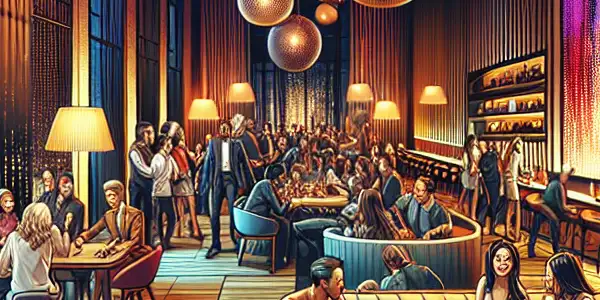 A vibrant lounge scene with diverse individuals enjoying lively interactions in a luxurious, modern setting.