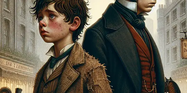 A young boy and mature David Copperfield navigate a bustling Victorian London, reflecting on childhood struggles and adulthood.