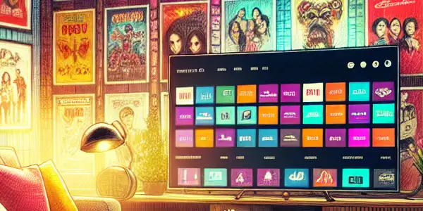 Cozy living room with a large TV displaying colorful movie posters and devices for streaming films.