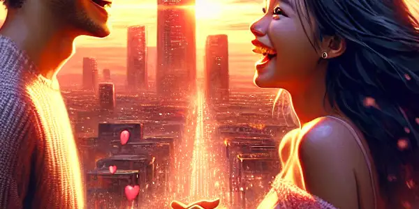 A young couple joyfully sharing a moment in a vibrant city at sunset, surrounded by love symbols.