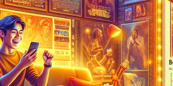 A young adult in a cozy home checks real-time box office data on a smartphone, surrounded by movie memorabilia.