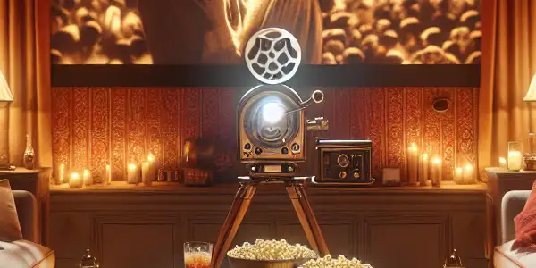 Cozy home theater with a vintage projector, plush seating, and framed film posters, creating a warm, inviting atmosphere.