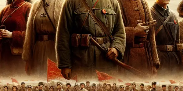 A group of determined Chinese patriots in traditional clothing stands bravely in a war-torn landscape, embodying resilience and hope.