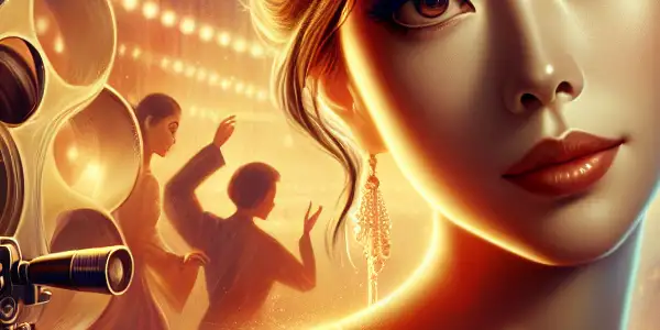 A Japanese actress on a vibrant film set, exuding charm and sophistication against a twilight cityscape.