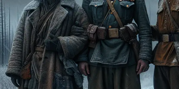 Three soldiers from different nations share a moment of camaraderie in a desolate, snow-covered wilderness during WWII.