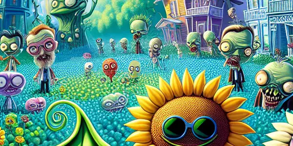 A colorful battle scene of cartoon plants defending against quirky zombies in a whimsical suburban neighborhood.