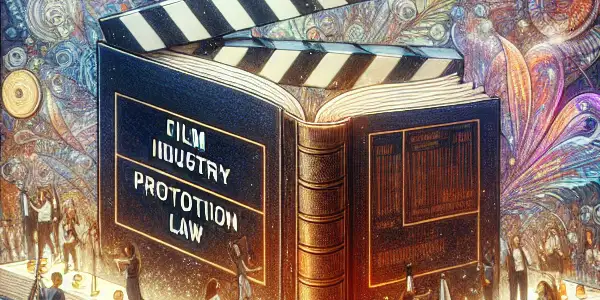 A dynamic film studio scene illustrating the impact of the Film Industry Promotion Law in China, featuring diverse filmmakers and symbolic imagery.