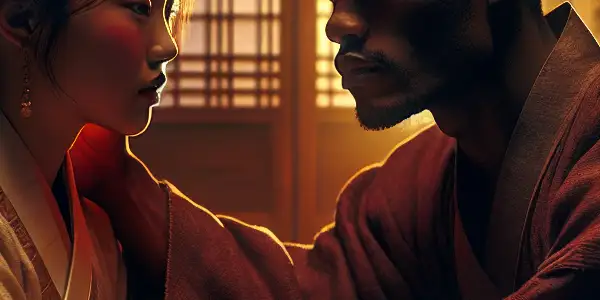 A romantic moment between a young couple in a cozy, dimly lit room with Korean cultural elements.