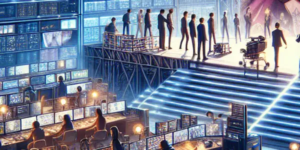 A modern film studio scene showcasing Japanese AV production with vibrant lighting, actors, and digital security elements.