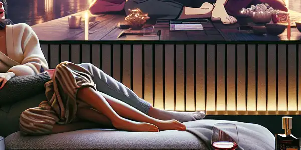 A couple enjoys an intimate movie night in a modern home, surrounded by cozy decor and romantic ambiance.