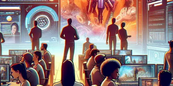 A futuristic film studio with diverse filmmakers editing Japanese AV content amidst advanced technology and warm ambient lighting.