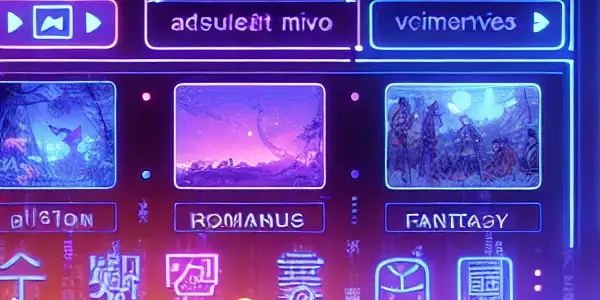 Futuristic digital interface showcasing adult film thumbnails with neon lights and abstract representations of Japanese AV films.