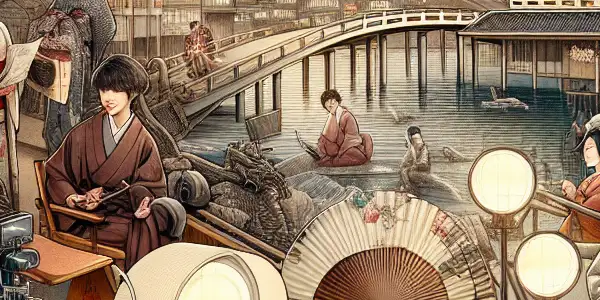 A nostalgic scene blending traditional Japanese culture with elements of adult cinema, featuring iconic symbols and diverse emotions.