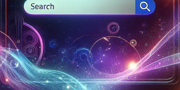 A digital device displaying a vibrant search engine for adult films, surrounded by abstract shapes and a soft glow.