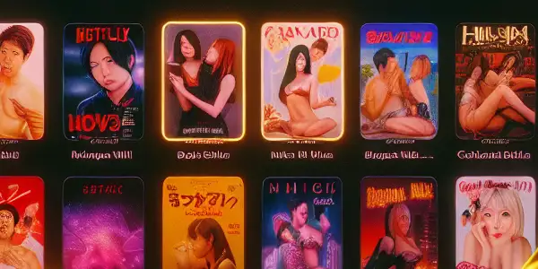 A cozy, dimly lit room featuring a sleek movie streaming interface with diverse adult film thumbnails and a viewer enjoying the experience.