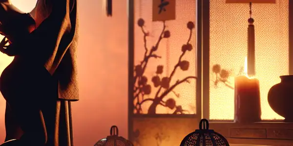 Intimate silhouettes in a softly lit, elegantly decorated room evoke romance and allure, inspired by cinematic themes.