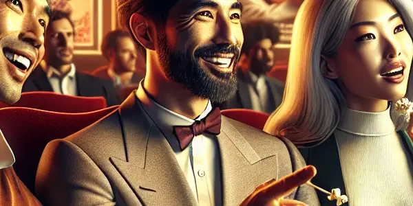 A diverse group discusses adult film recommendations in a luxurious cinema with plush seating and vibrant movie posters.