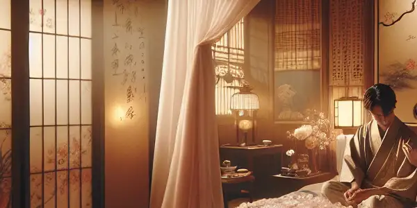 A romantic couple shares an intimate moment in a softly lit, luxurious bedroom adorned with cherry blossoms and Japanese decor.