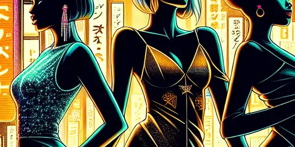 A vibrant poster for a fictional Japanese adult film festival featuring diverse female protagonists and a bustling Tokyo cityscape.